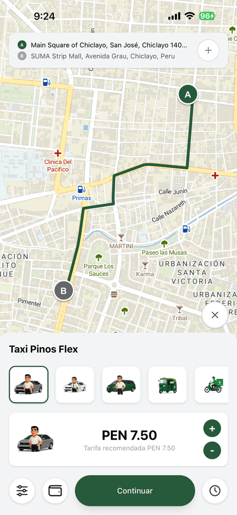 Pantalla de la app para elegir el servicio y proponer la tarifa